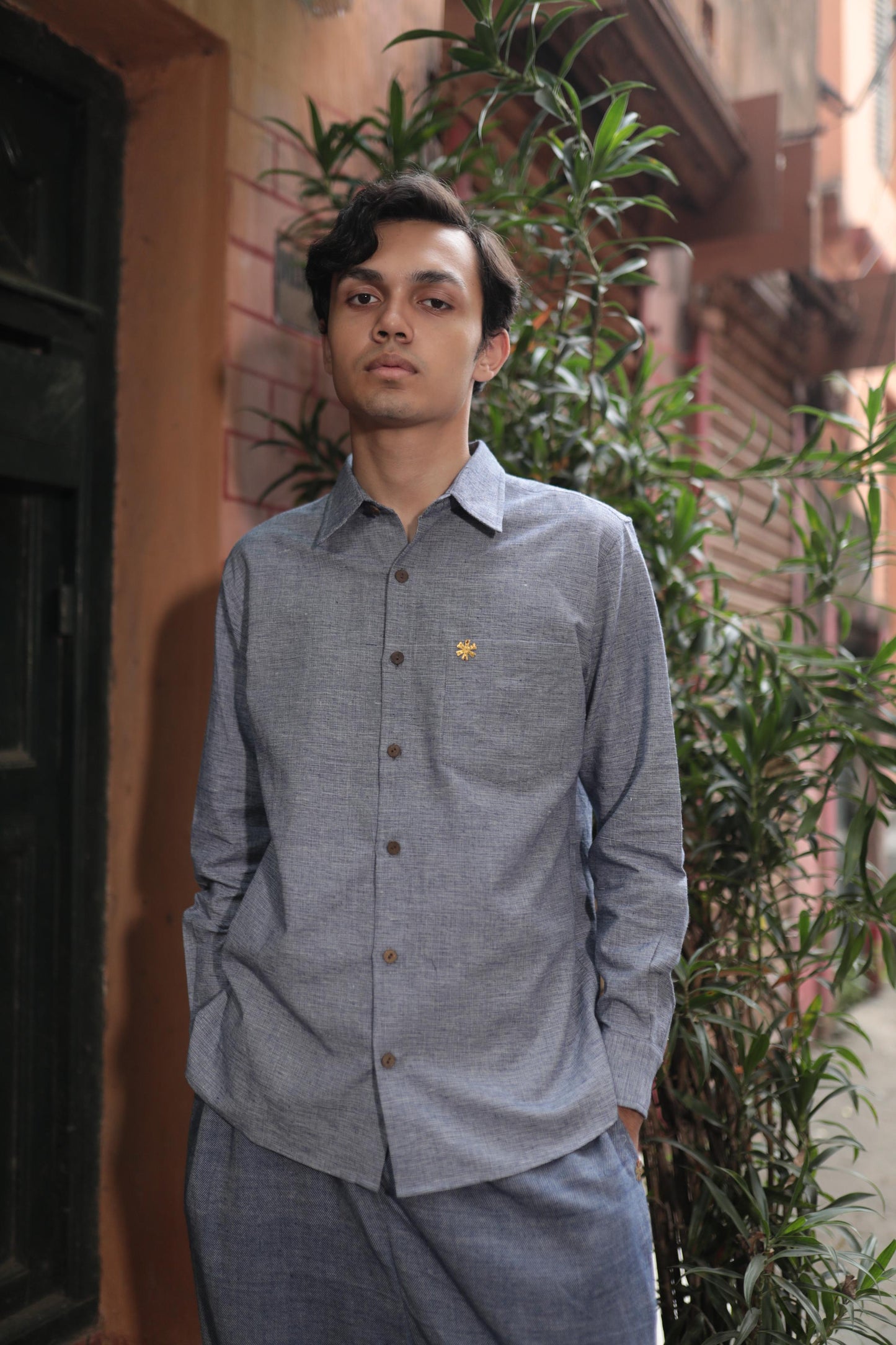 textured blue shirt - full sleeves