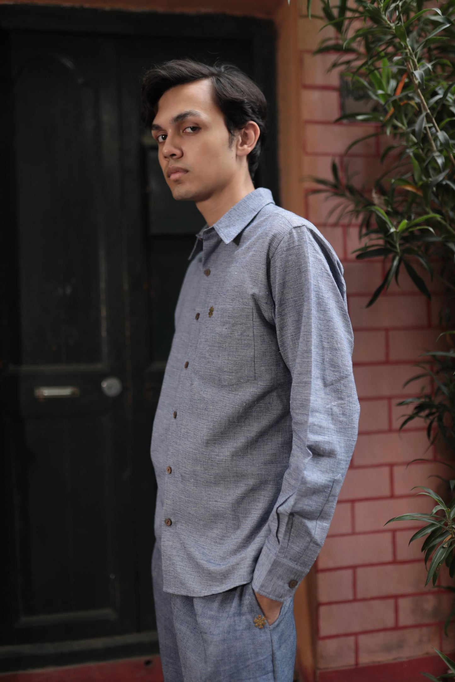 textured blue shirt - full sleeves