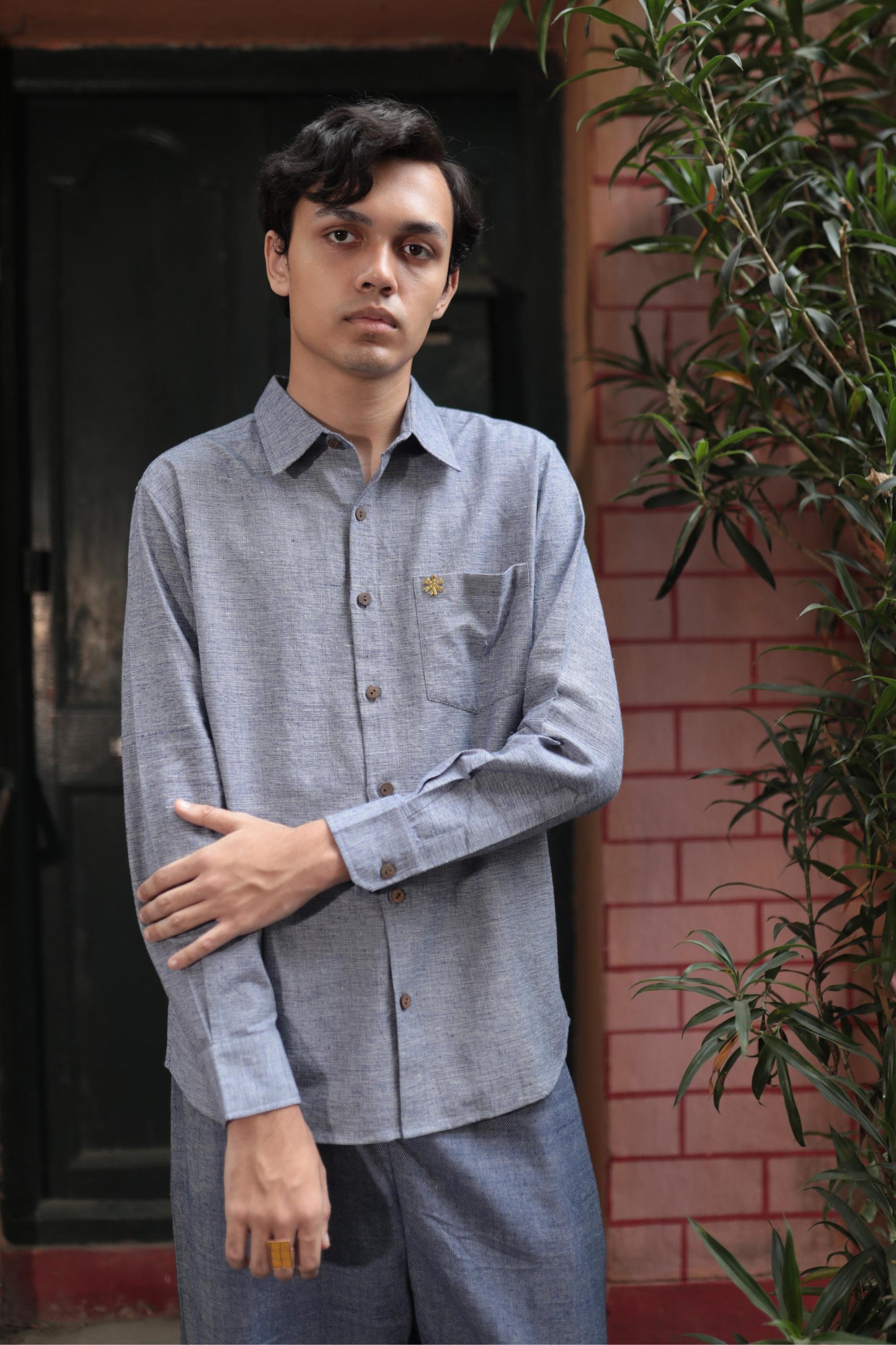 textured blue shirt - full sleeves