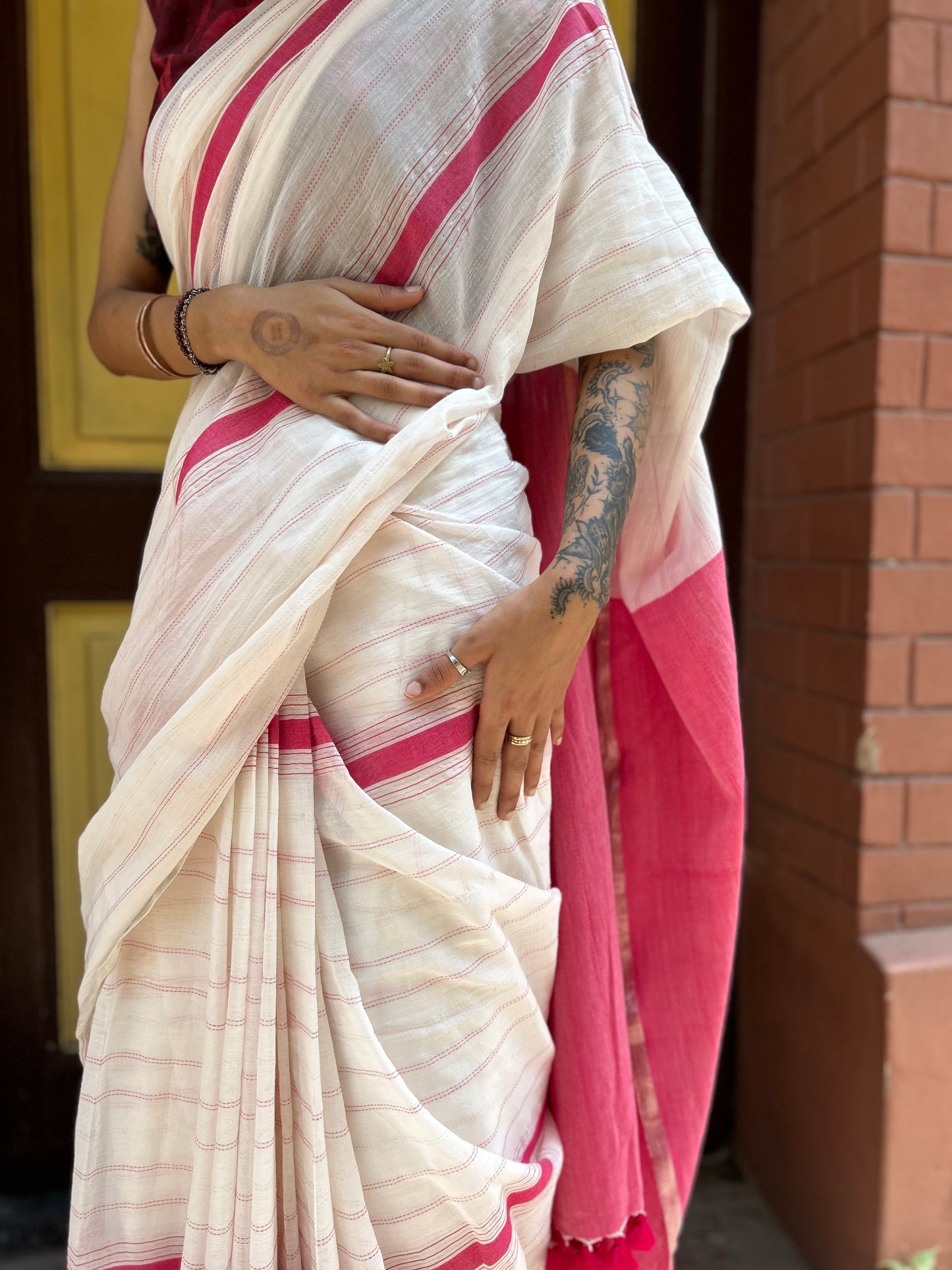 pink zari - kantha saree