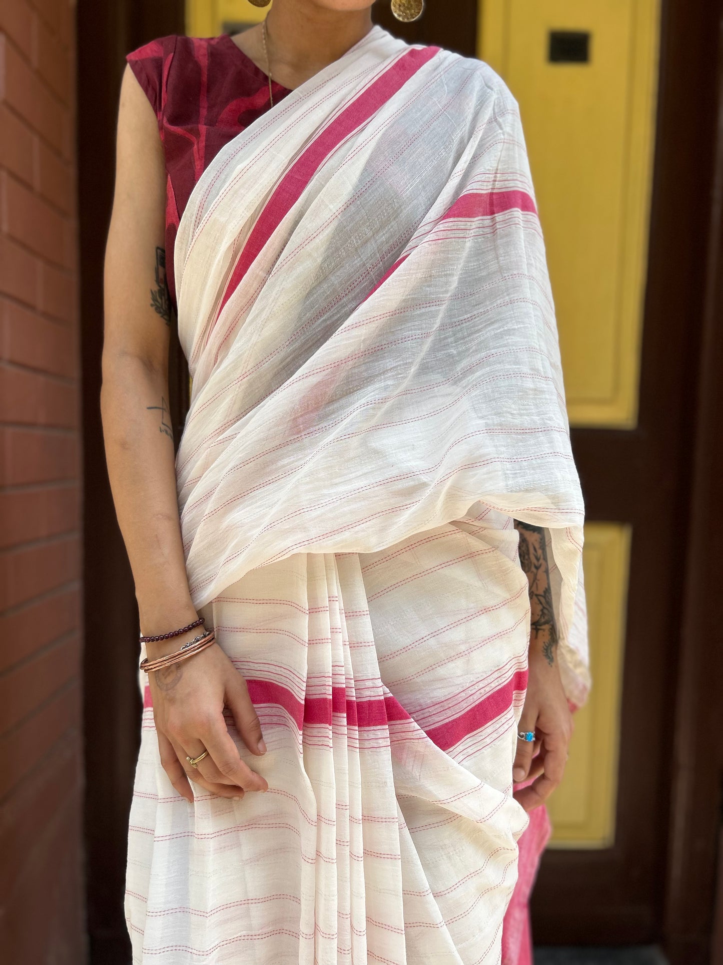 pink zari - kantha saree