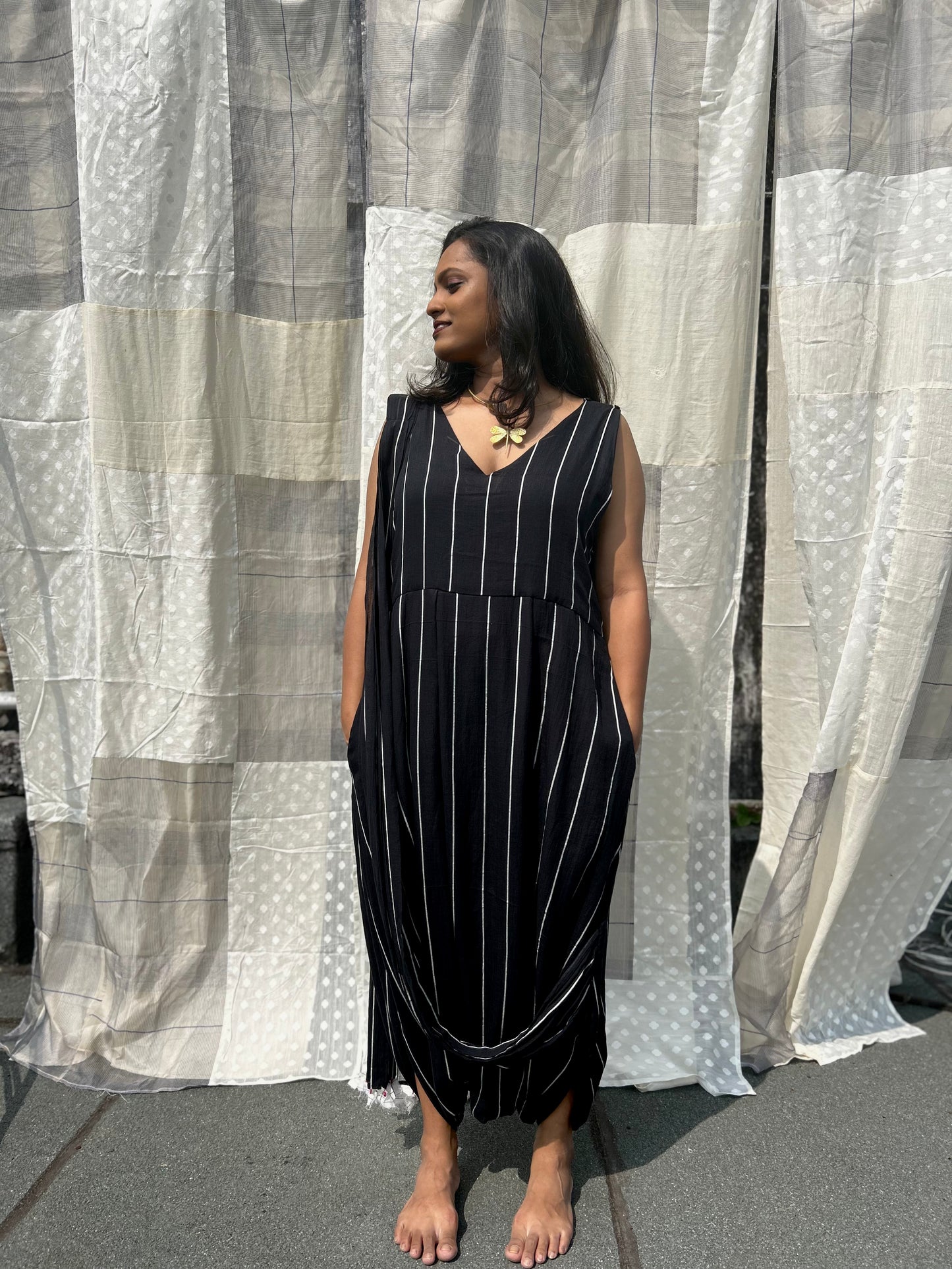 black stripes jumpsuit saree dress