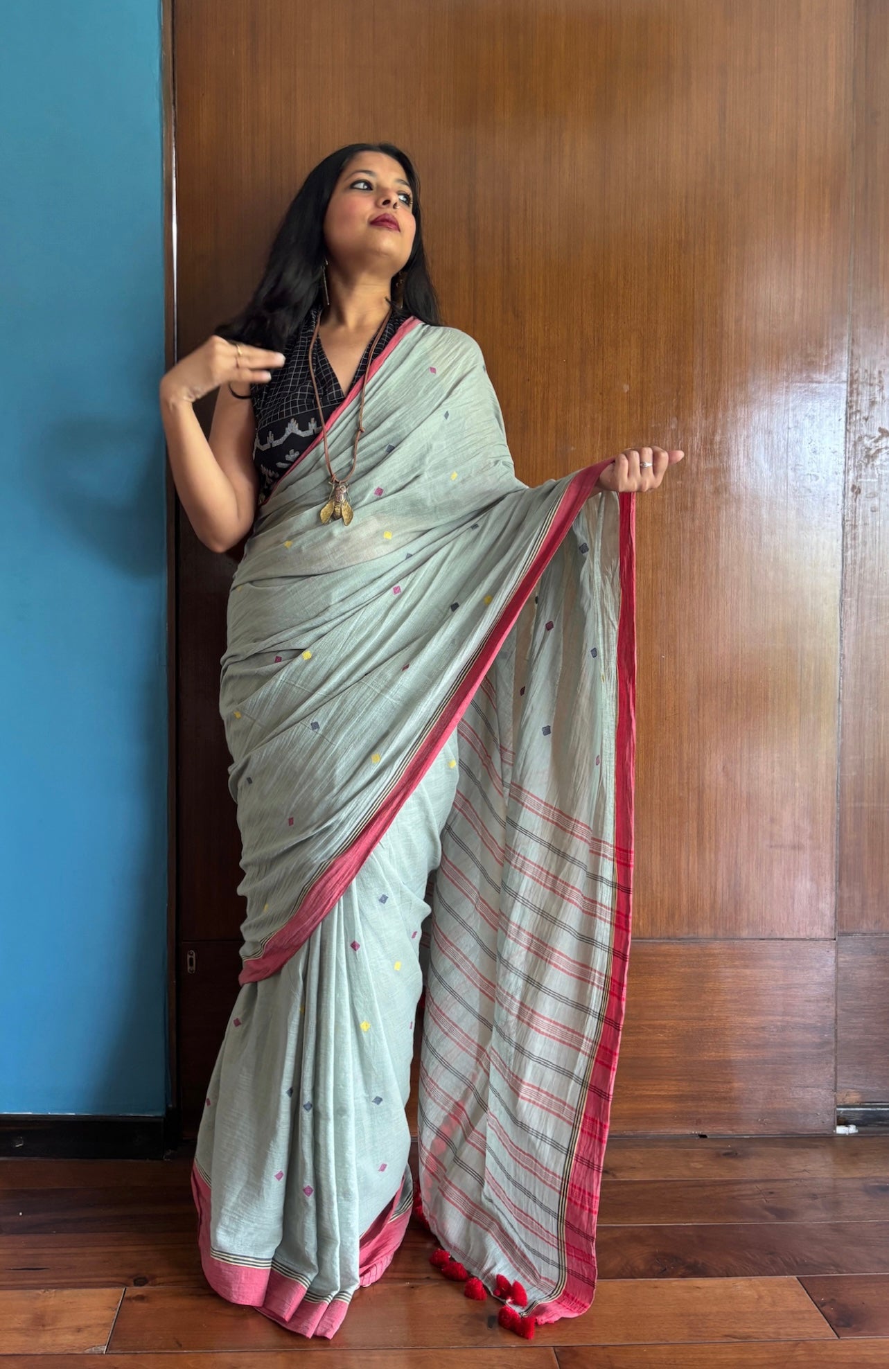 sage green jamdaani buti saree