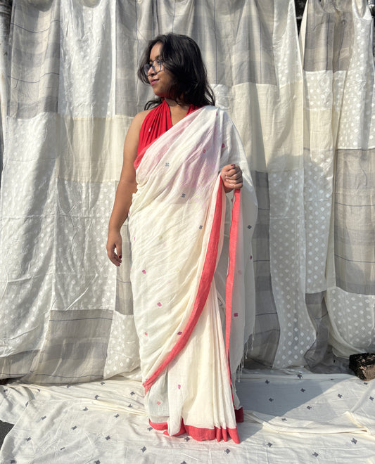 laal paar shada saree