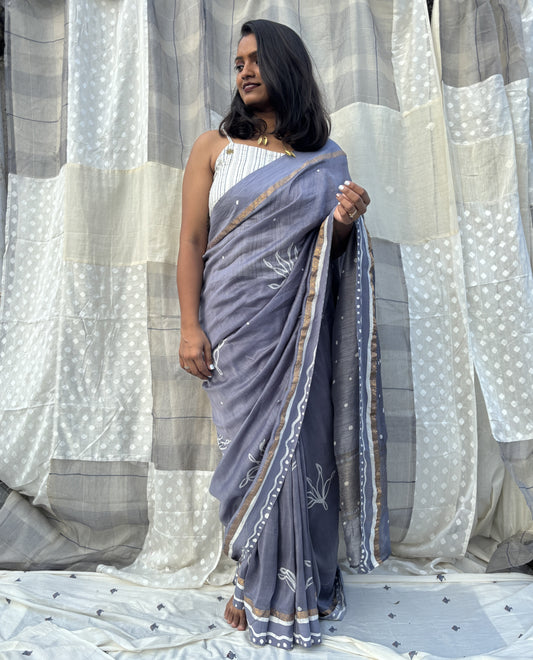 grey botanical chanderi saree