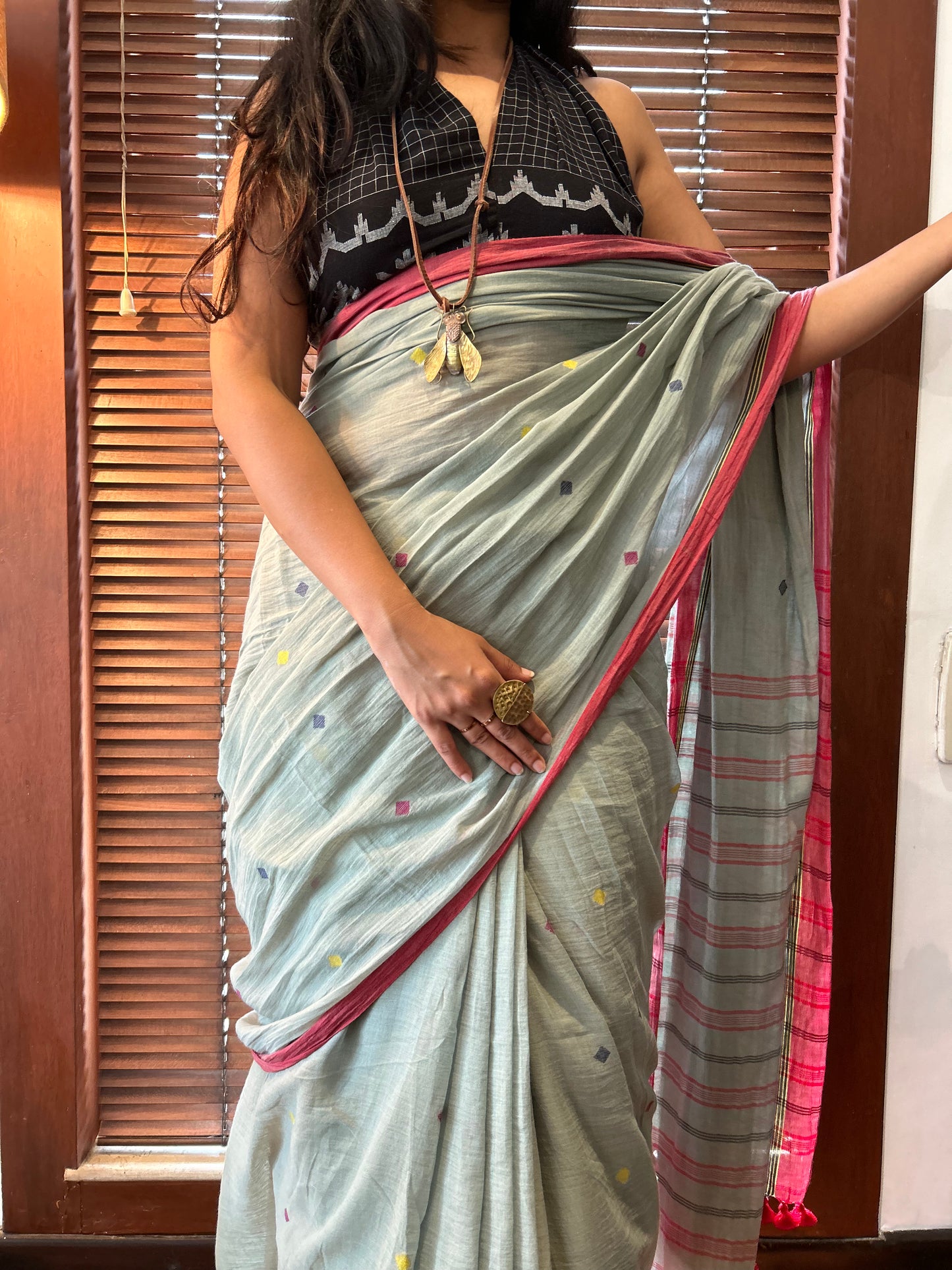 sage green jamdaani buti saree