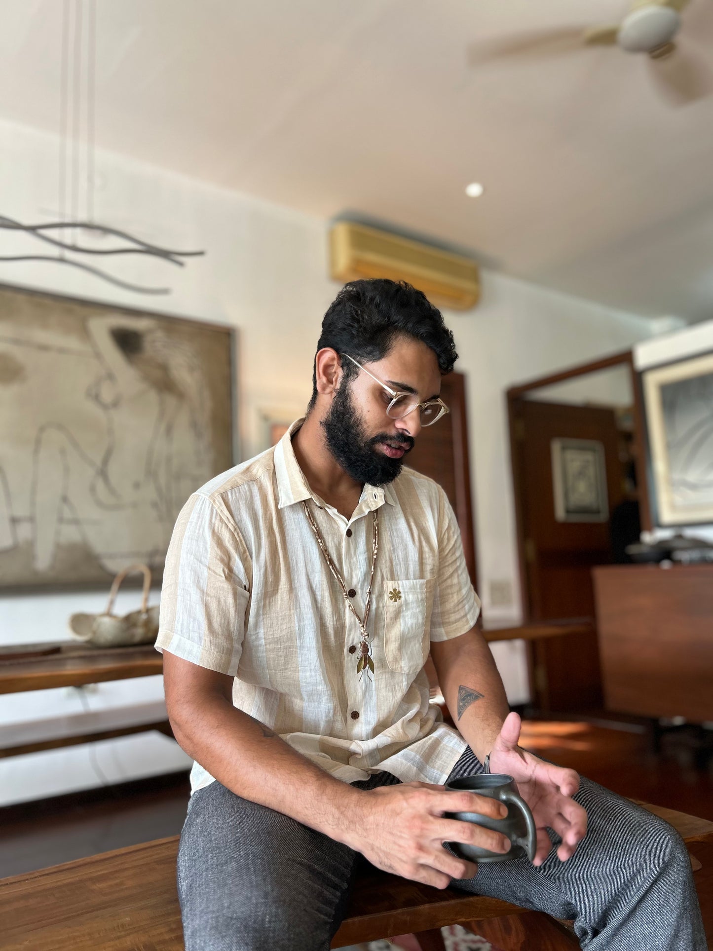 beige linen shirt half - sleeve