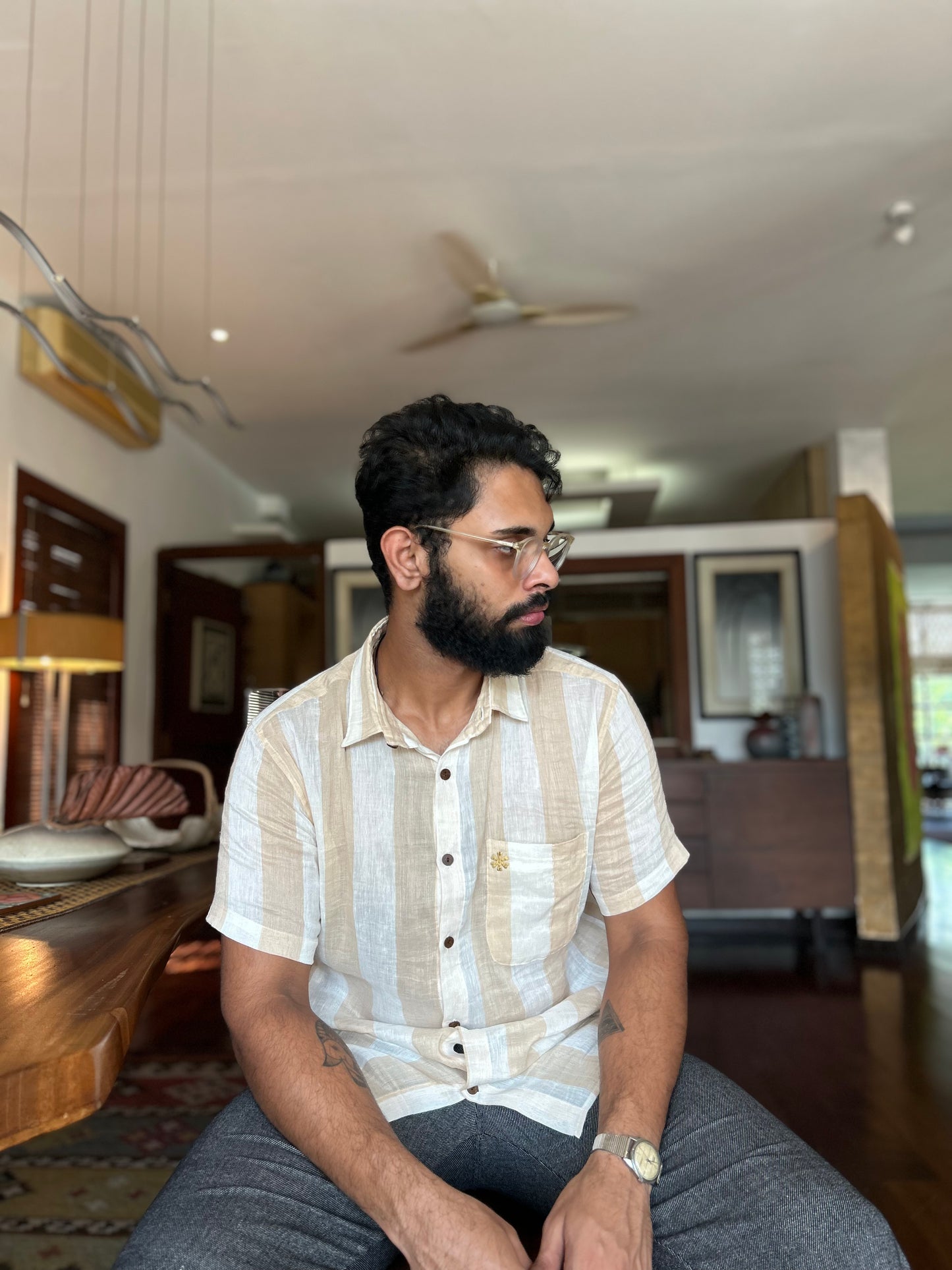 beige linen shirt half - sleeve