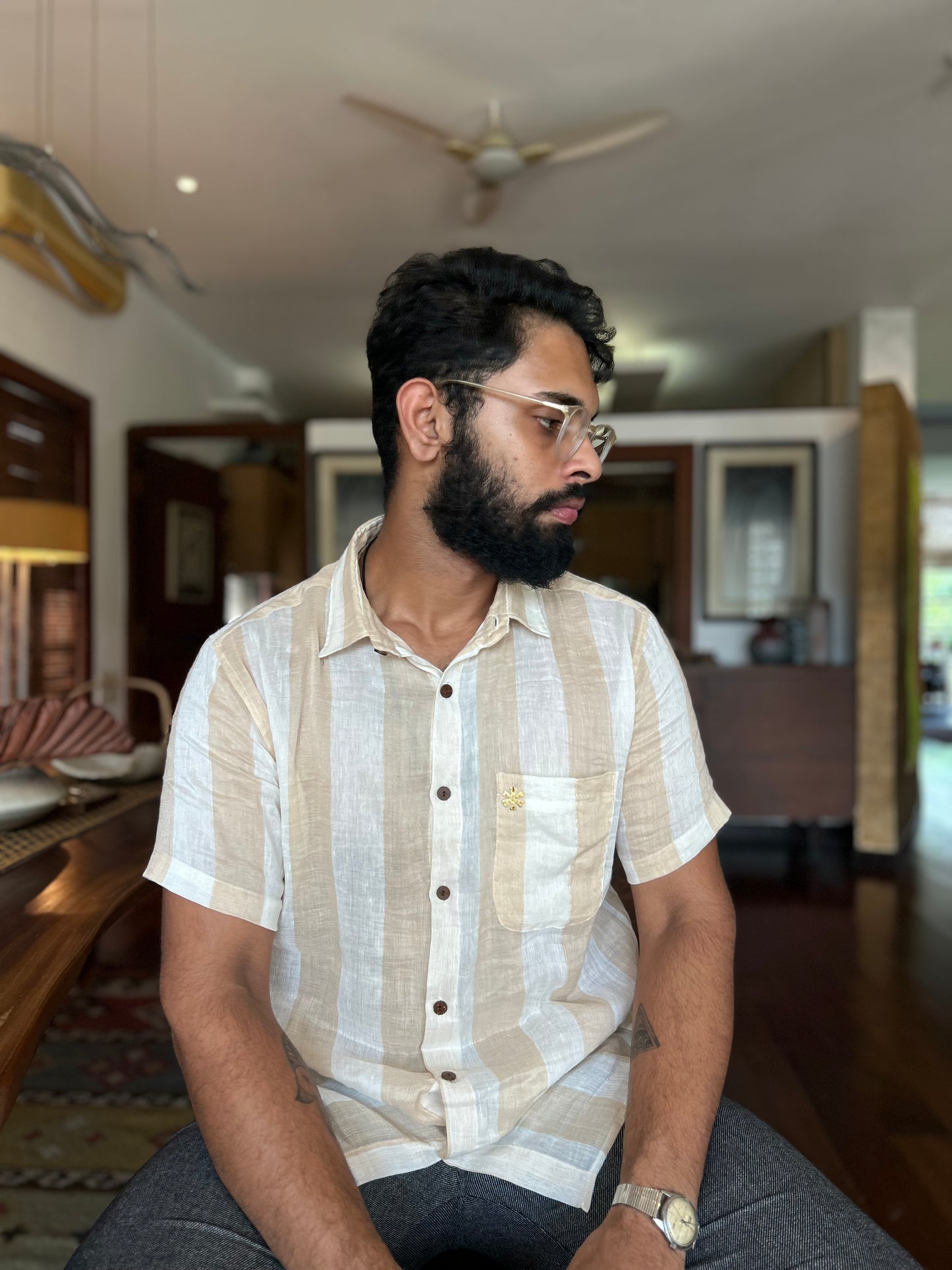 beige linen shirt half - sleeve